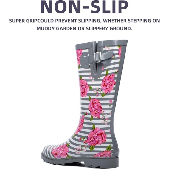 Women's Pink Rose Waterproof Tall Knee High Rubber landchief Rain Boot - Picture 3 of 6